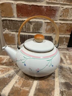 Vintage White Floral Enamel Teapot with Wood Handle